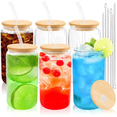 Glass Cups with Bamboo Lids and Straws  16 oz water bottles in bulk - 6 pack Clear